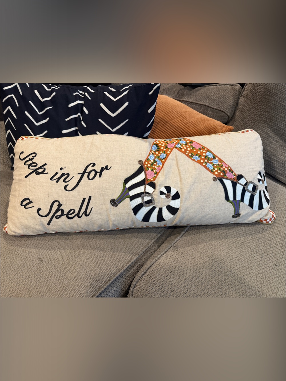 Cream 'Step in for a Spell' Halloween Accent Pillow with Striped Shoe Applique